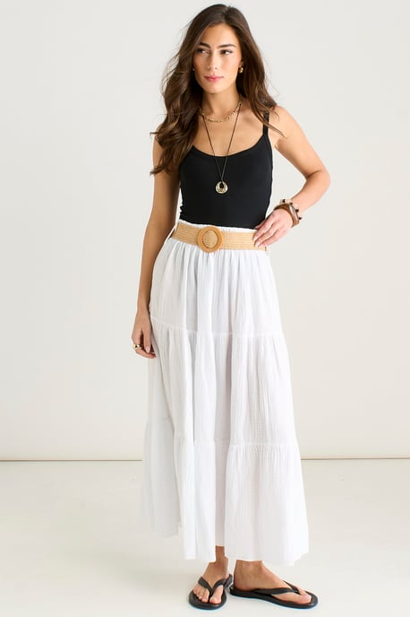 White Cotton Seersucker Belted Midaxi Skirt - Image 1