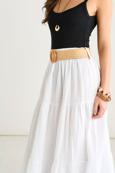 White Cotton Seersucker Belted Midaxi Skirt - Image 2