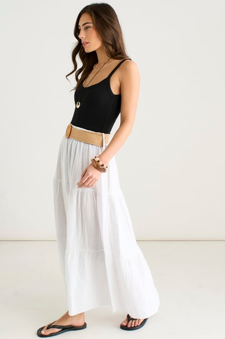 White Cotton Seersucker Belted Midaxi Skirt - Image 3