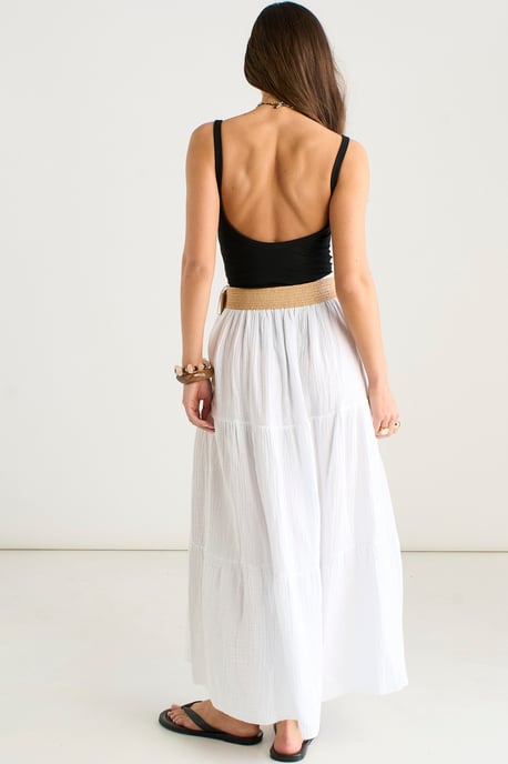 White Cotton Seersucker Belted Midaxi Skirt - Image 4