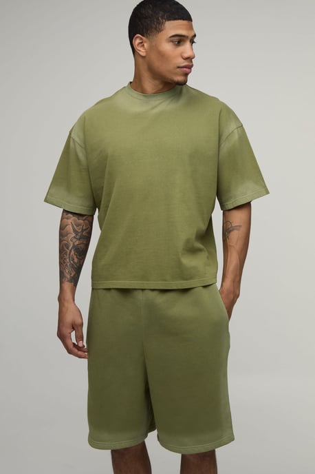 Oversized Shrunken Spray Seam Wash T-Shirt & Shorts Set - Image 1