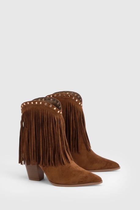 Faux Suede Fringe and Stud Detail Ankle Western Boots - Image 1