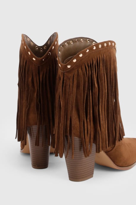 Faux Suede Fringe and Stud Detail Ankle Western Boots - Image 4