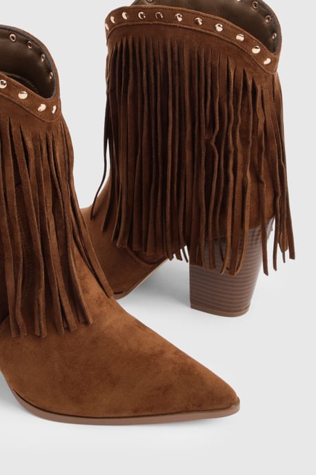 Faux Suede Fringe and Stud Detail Ankle Western Boots - Image 6