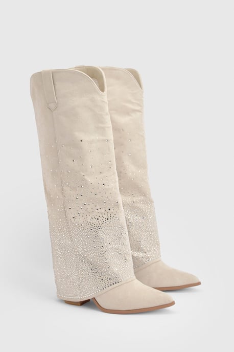Fold Over Embellished Knee High Western Boots - Image 3
