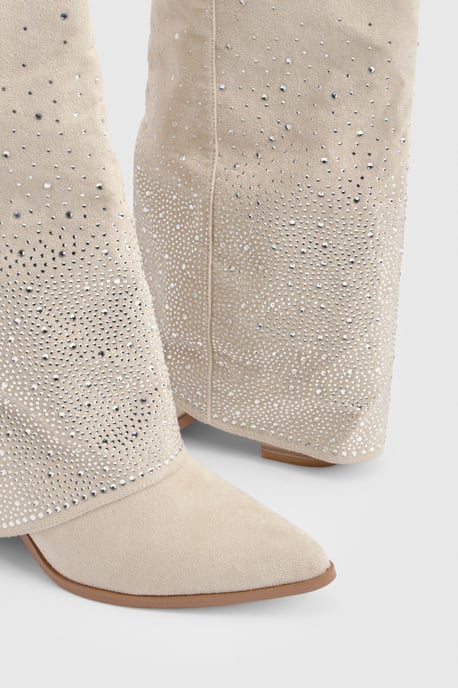 Fold Over Embellished Knee High Western Boots - Image 6