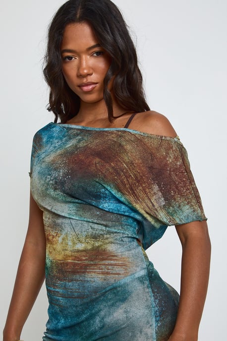 Abstract Print Sheer Mesh Asym Cowl Back Mini Beach Dress - Image 4