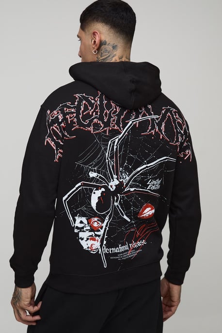 Black Oversized Spider Over Seam Printed Hoodie - Image 1