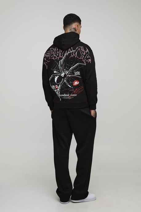 Black Oversized Spider Over Seam Printed Hoodie - Image 2