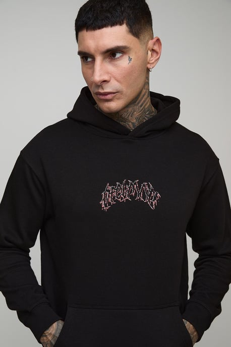 Black Oversized Spider Over Seam Printed Hoodie - Image 3