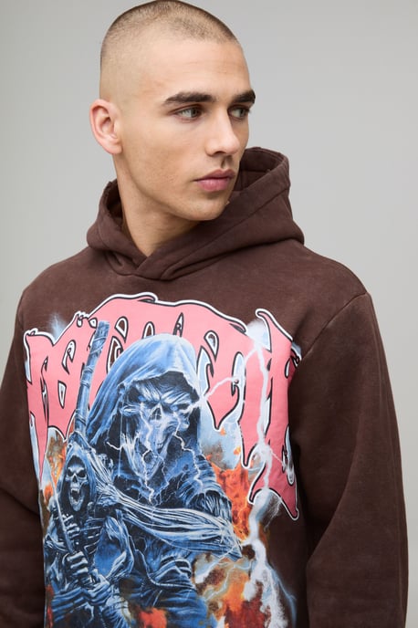 Boxy Washed Homme Gothic Graphic Distressed Hoodie - Image 3