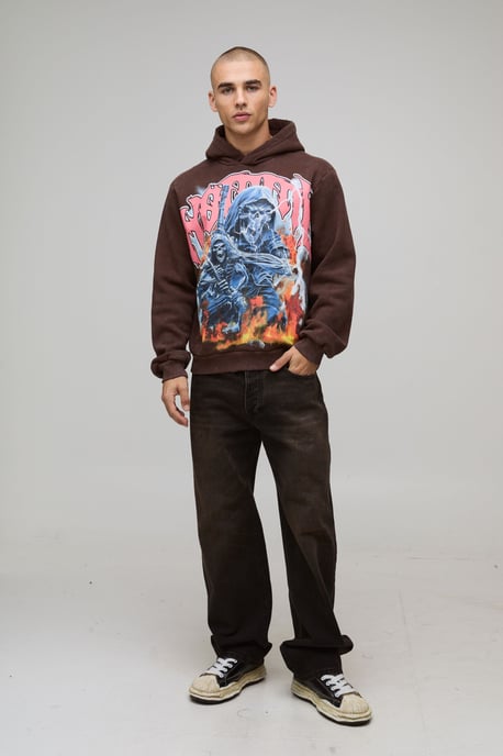 Boxy Washed Homme Gothic Graphic Distressed Hoodie - Image 4