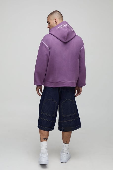 Oversized Boxy Twill Applique Contrast Stitch Hoodie - Image 2