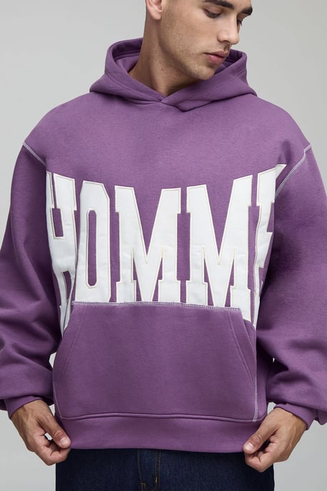 Oversized Boxy Twill Applique Contrast Stitch Hoodie - Image 3