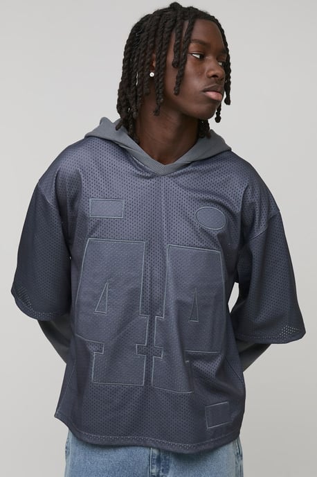 Oversized Boxy Varsity Applique Faux Layer Mesh Sports Top Hoodie - Image 1