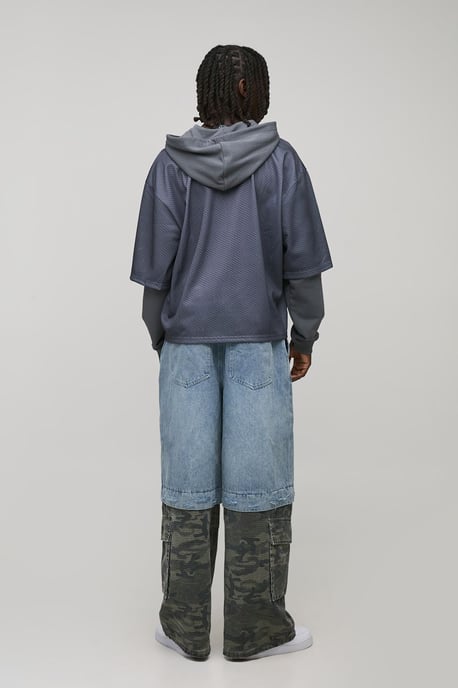 Oversized Boxy Varsity Applique Faux Layer Mesh Sports Top Hoodie - Image 2