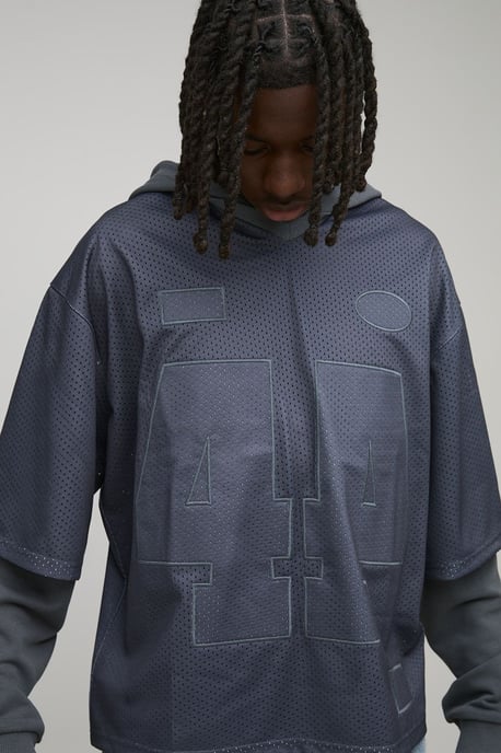 Oversized Boxy Varsity Applique Faux Layer Mesh Sports Top Hoodie - Image 3