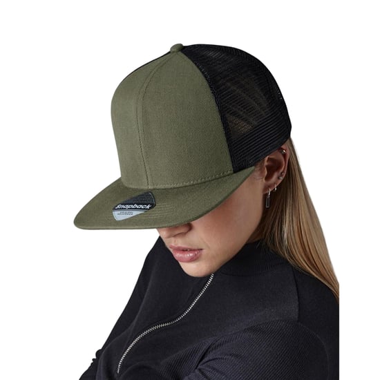 Beechfield Originele 6 Paneel Flat Peak Trucker Cap (Olijfgroen/zwart) - Image 3