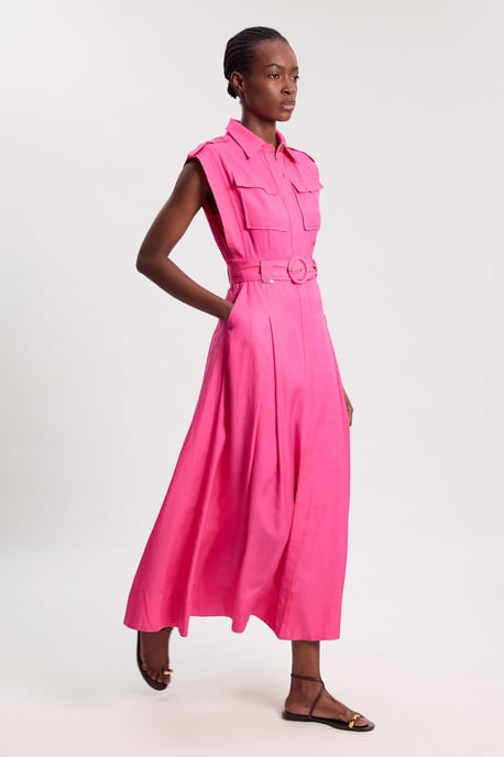 Premium Viscose Linen Belted Woven Midaxi Dress With Gold Hardware Detail - Image 1