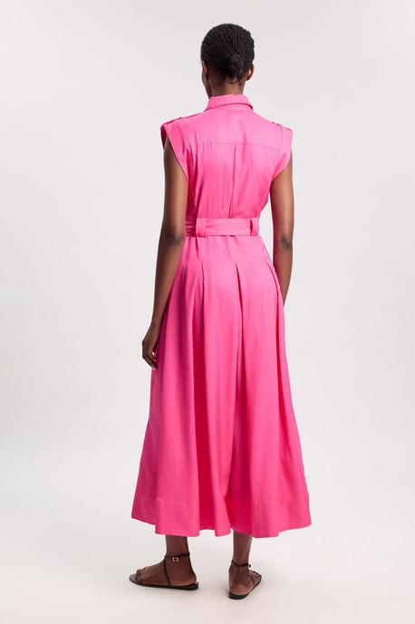 Premium Viscose Linen Belted Woven Midaxi Dress With Gold Hardware Detail - Image 3