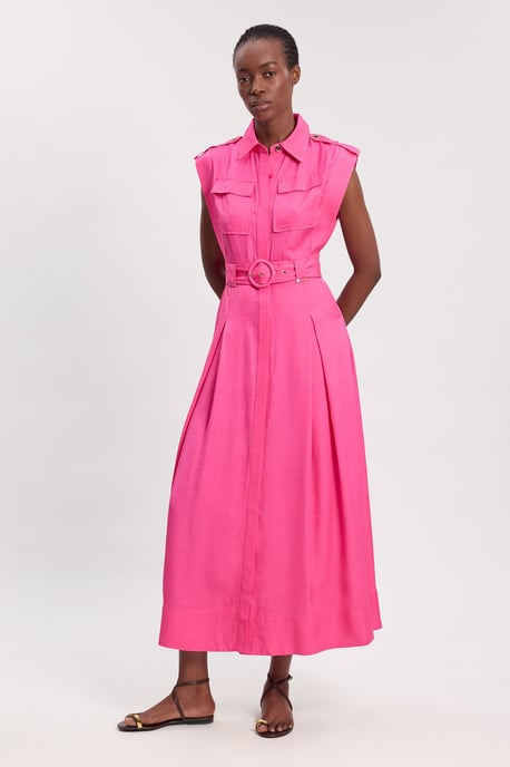 Premium Viscose Linen Belted Woven Midaxi Dress With Gold Hardware Detail - Image 4