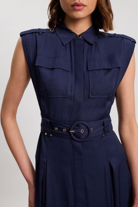 Premium Viscose Linen Belted Woven Midaxi Dress With Gold Hardware Detail - Image 2