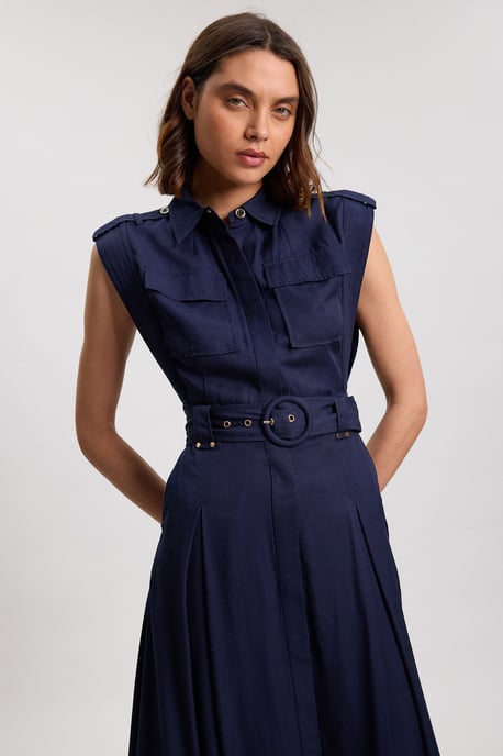 Premium Viscose Linen Belted Woven Midaxi Dress With Gold Hardware Detail - Image 4