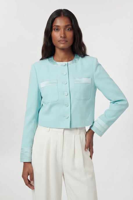 Satin Tux Tailored Collarless Cropped Blazer - Image 2
