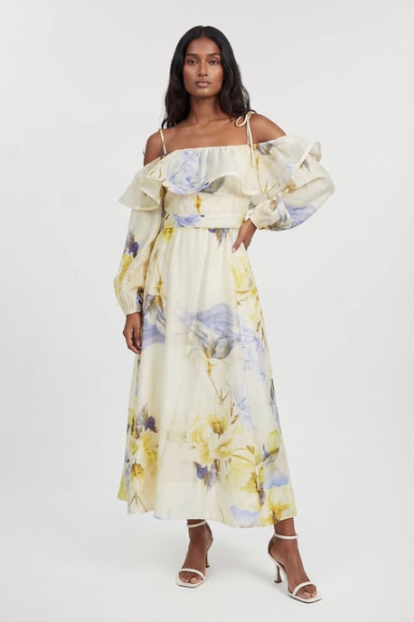 Petite Blue Floral Off The Shoulder Shirred Woven Maxi Dress - Image 1
