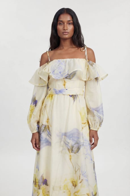 Petite Blue Floral Off The Shoulder Shirred Woven Maxi Dress - Image 2