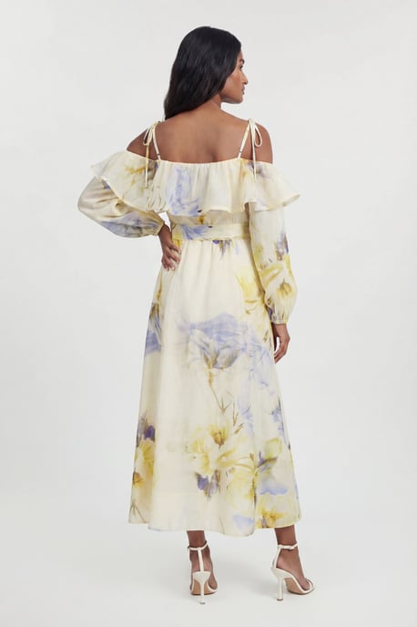 Petite Blue Floral Off The Shoulder Shirred Woven Maxi Dress - Image 3