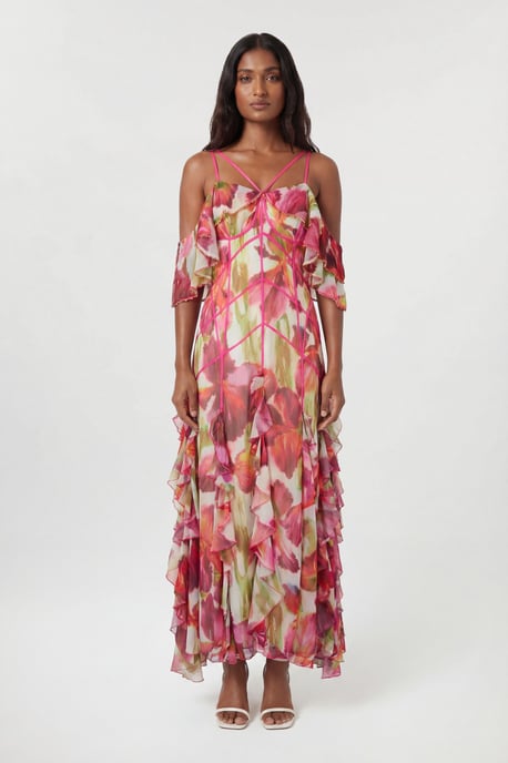 Crinkle Floral Print Beaded Cold Shoulder Maxi Dress - Image 1