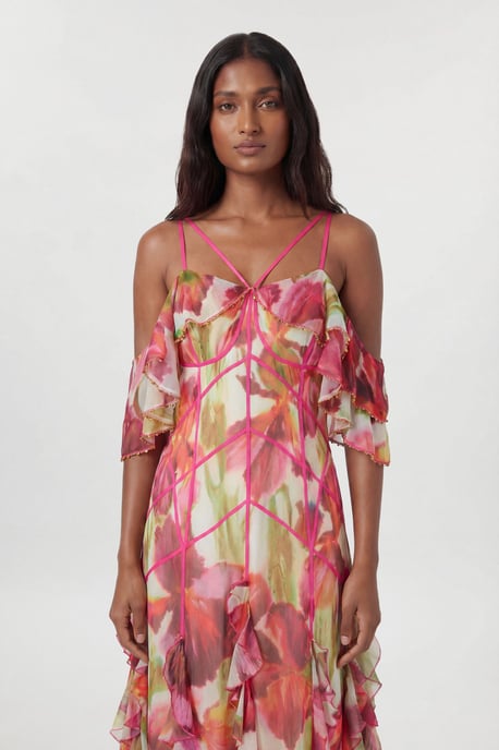 Crinkle Floral Print Beaded Cold Shoulder Maxi Dress - Image 2