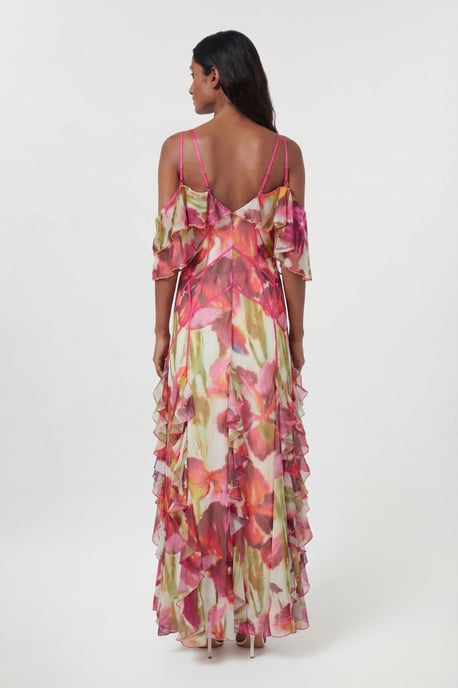 Crinkle Floral Print Beaded Cold Shoulder Maxi Dress - Image 4