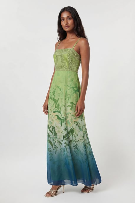 Embellished Ombre Floral Pleated Woven Bandeau Maxi Dress - Image 1