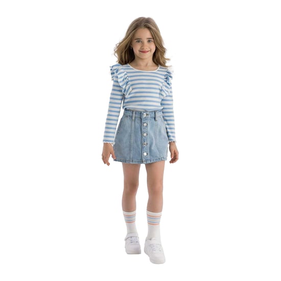 Minoti Effen denim rok met knoopsluiting voor meisjes (Blauw) - Image 4
