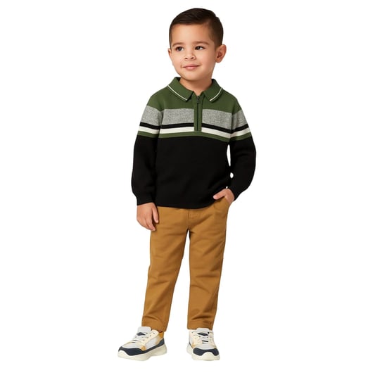 Minoti Jongens Strepen Sweater Top met Kwartrits (Kaki Groen) - Image 4
