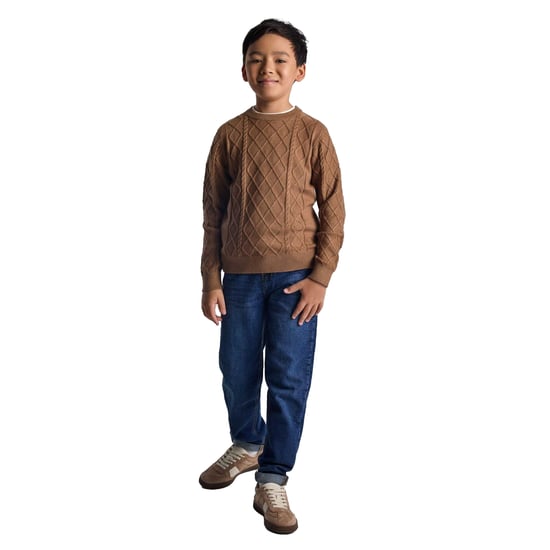 Minoti Jongens Sweatshirt met Kabelgebreide Ronde Hals (Bruin) - Image 4