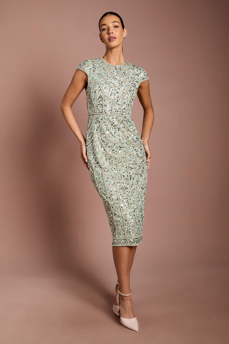 Cap Sleeve Pearl Embellished Pencil Dress - Image 1