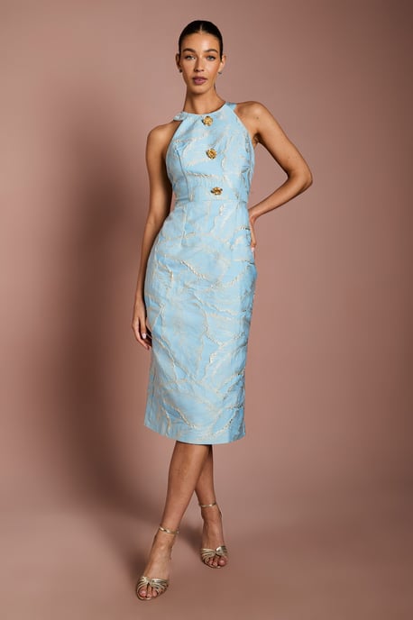 Halter neck Jacquard Midi Dress With Gold Buttons - Image 1