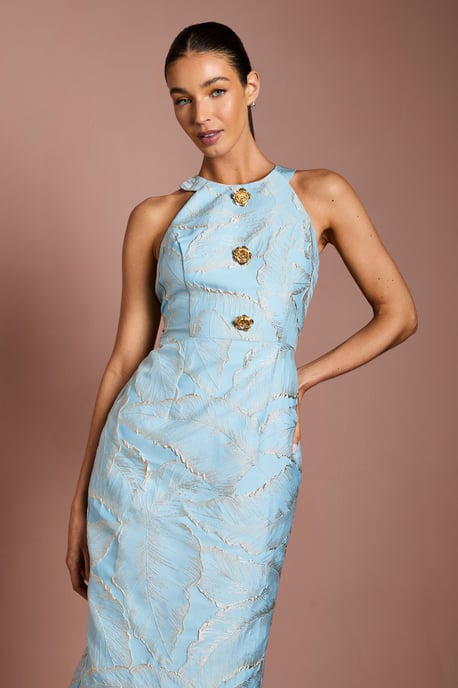Halter neck Jacquard Midi Dress With Gold Buttons - Image 4