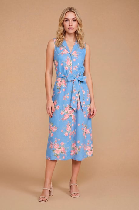 Petite Button Down Belted Printed Midi Dress - Image 1
