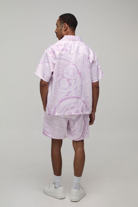 Oversized Short Sleeve Water Print Satin Shirt & Short Set - Image 2