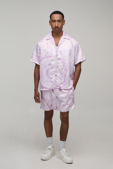 Oversized Short Sleeve Water Print Satin Shirt & Short Set - Image 4