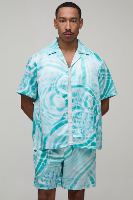 Oversized Short Sleeve Water Print Satin Shirt & Short Set - Image 1