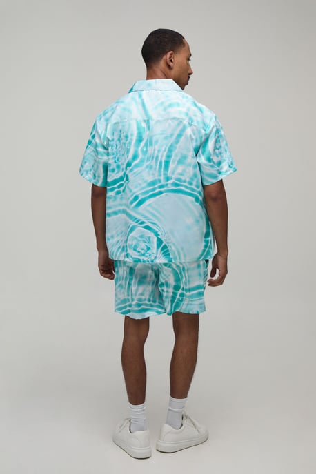 Oversized Short Sleeve Water Print Satin Shirt & Short Set - Image 2