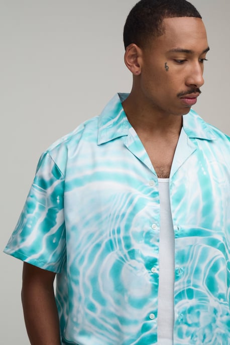 Oversized Short Sleeve Water Print Satin Shirt & Short Set - Image 3