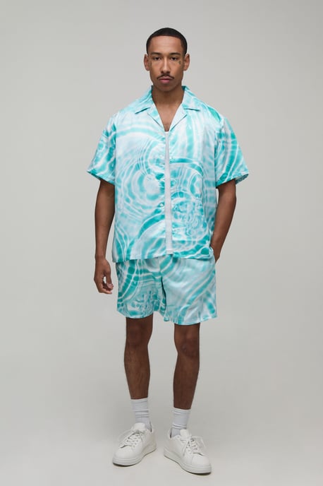 Oversized Short Sleeve Water Print Satin Shirt & Short Set - Image 4