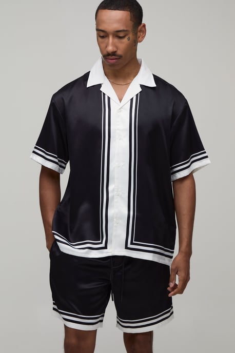 Oversized Short Sleeve Double Boarder Print Satin Shirt & Short Set - Image 1