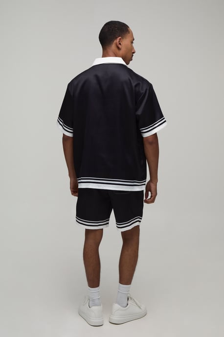Oversized Short Sleeve Double Boarder Print Satin Shirt & Short Set - Image 2